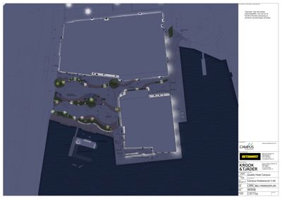 Fotografi av en lysplan (belysningsplan) for et byggeprosjekt ved vann.