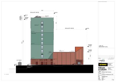 Fasadetegning som viser bygningens utvendige profil, høyder, gesims og materialer.