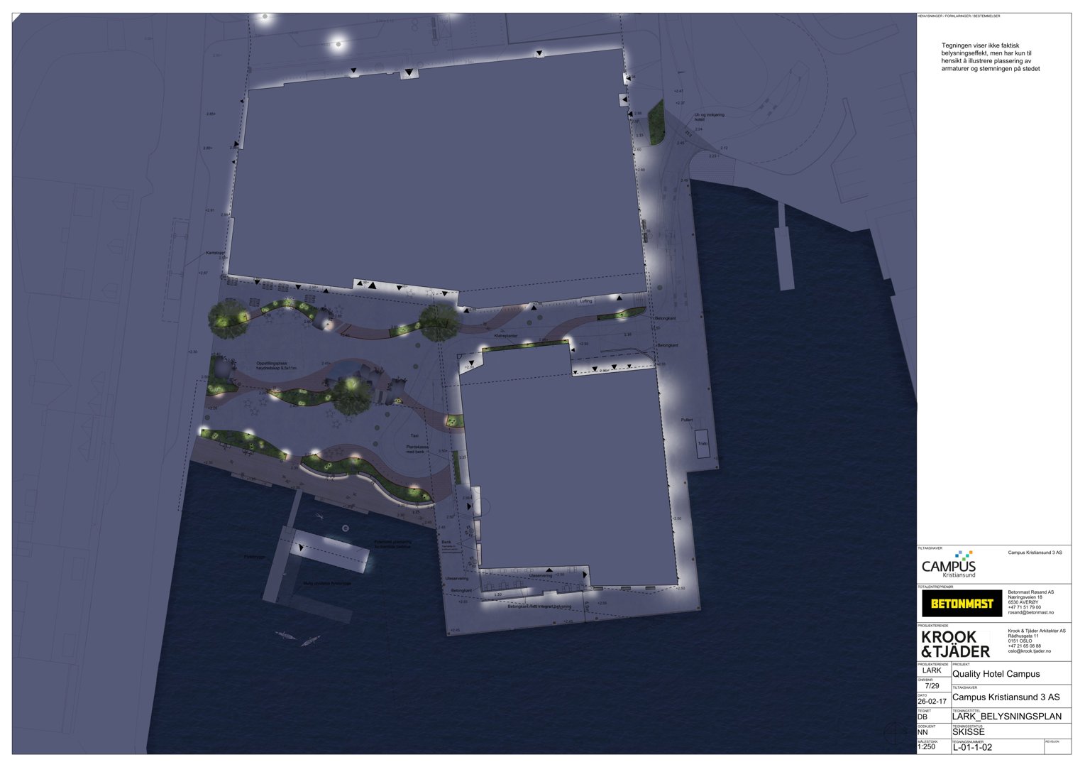 Fotografi av en tegning eller illustrasjon som viser et lysdesignkonsept for en bygning og omgivelsene.