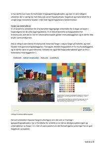 Et dokument med tekst om fargevalg og materialbruk, samt et bilde av en bygning (Molde Campus) og fargekart.
