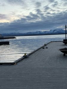 Fotografi av en kai eller brygge med utsikt over vann og fjell i bakgrunnen.