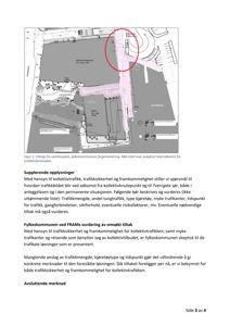 Et utklipp fra en situasjonsplan (tomtekart) som viser bygningers plassering, veier og forsegling. Bildet inneholder også tekst om trafikkvurdering.
