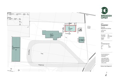Situasjonsplan som viser tomtens grenser, naboeiendommer, bebyggelse og arealoppdelinger.