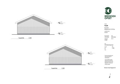 Fasadetegning som viser oppriss av bygningens front (vest og øst) med høydemål og takform.