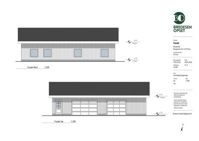Fasadetegning som viser bygningens utseende fra nord og sør, inkludert vinduer, dører, takhøyder og fasadematerialer.