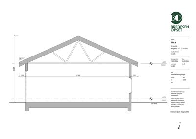 Snittegning som viser tverrsnittet av en ny garasje med mål og konstruksjonsdetaljer.