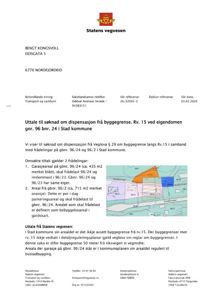 Situasjonsplan som viser eiendomsinndeling (gnr. 96 bnr. 24 og 96/23), bygninger, garasjeareal og forhold til veggrense (Rv. 15).