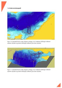Undervannstopografisk kart som viser dybdeforhold under et anlegg, med fargekoding for dypere og grunnere dybder.