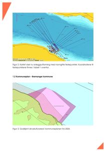 Bildet viser to kart: øverst et havkart med dybdekurver og festepunkter for akvakultur, og nederst et kommunegrense- og arealplanleggingskart med fargede soner.