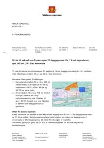 Situasjonsplan som viser eiendomsinndeling (gnr. 96 bnr. 24 og 96/23), bygninger, garasjeareal og forhold til veggrense (Rv. 15).