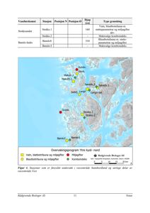Kart over et vassområde (Sunnhordland og sørlege delar av vassområde Vest) med markerte stasjonar for overvaking av vatn, blautbotnfauna og miljøgifter.