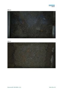 Fotografier av to prøvetakninger (GRU-3 og GRU-4) av et underlag, sannsynligvis gulv eller betong, som viser tilstand og eventuelle skader.