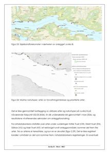 Bildet viser kart over et område med kartlag for sjøliv, naturtyper og arter, samt en tekstbeskrivelse av funn.