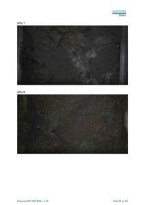 Fotografier av to ulike overflater (GRU-7 og GRU-8), sannsynligvis gulv eller vegger, som viser skade eller forurensning.