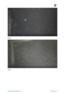 Fotografier av to mørke, teksturerte overflater, merket JUV-4 og JUV-5. Bildene viser nærbilder av materialer, muligens asfalt eller betong, med synlig støv og partikler.