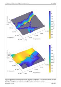 Modellert bunntopografi av et vannområde med fargekodet dypde og koordinat-aksler.