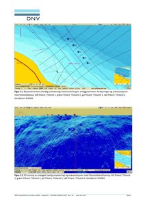 Batymetrisk kart og 3D-visning av et anlegg under vann, inkludert avmerkede fortøyninger og prøvestasjoner.