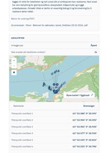 Kart over et område i Bremanger kommune som viser en planlagt anleggslokasjon (Åpent) med koordinater for ytterpunkter.