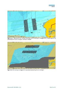 Batymetrisk kart og 3D-visning av anleggsramme og stasjonsplassering i vann.