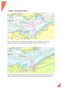 Bildet viser to kart over Nordfjorden som illustrerer navigasjonsinstallasjoner, farledsareal og akvakulturaral.