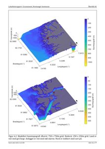 Modellert bunntopografi av et vannområde med koordinater og dybdekart.