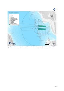 Oversiktskart over havbunn med kartografierte funn (bållenge, spor, krabbelier) og planlagte anleggslinjer.