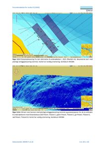 Batymetrisk kart og 3D-kart over bunnforhold med planlagt anleggsplassering for en havbunnundersøkelse.