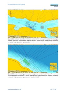 Kart over et kystområde med batymetriske data, fortøyningslinjer og en antatt anleggsplasseering.