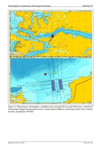 Kart som viser plassering av strømledninger (gult og rødt kryss) i forhold til eksisterende anlegg i Grunneneset, Bremanger kommune.