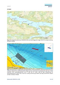 Dokumentet viser to kart: øverst et geografisk kart over Juvika B med omgivende landskap og anlegg, og nederst et teknisk kart over en havbunn med kartlag for topografi, strømning og utstyrsplassering.