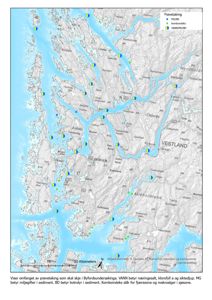 Kart over Vestland fylke som viser plassering av prøvetakingssteder for vann- og sedimentprøver.