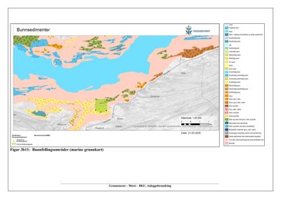 Et kart over bunnsedimenter (marine grunnkart) som viser ulike sedimenttyper i et område ved kysten.
