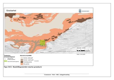 Et marine grunnkart (bunnfellsområder) fra Fiskeridirektoratet som viser havbunnens egenskaper i området Gravbarhet.