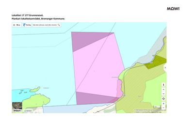 Kart over lokalitetsområdet (Grunneset) i Bømlo kommune, som viser eiendomsinndeling og arealbruk.