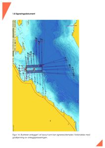Kart over et kystområde med dypfartsdeler, isobater og en illustrert layout av et anlegg med tilhørende kabler/rørledninger.