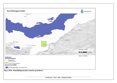 Kart over bunnfellingsområder (marine grunnkart) med lokalisering av et område (Grunnneset) i forhold til kystlinjen og naboområder.