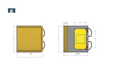 Tegning som viser et tverrsnitt (snitt A-A) og en planutsnitt av en møbelkonstruksjon (sannsynligvis en sofa eller stol) med angitte mål i millimeter.
