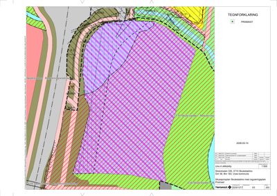 Situasjonsplan som viser reguleringsplan for et område (Prismast) med arealbruksinndeling, veger og topografi.