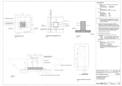 Tegninger som viser detaljerte konstruksjoner for fundament, inkludert armering, snitt og anvisninger for betong og stål.