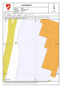 Ledningskart som viser kommunale vann- og avløpsledninger i området rundt Strandavegen 335 i Voss kommune.