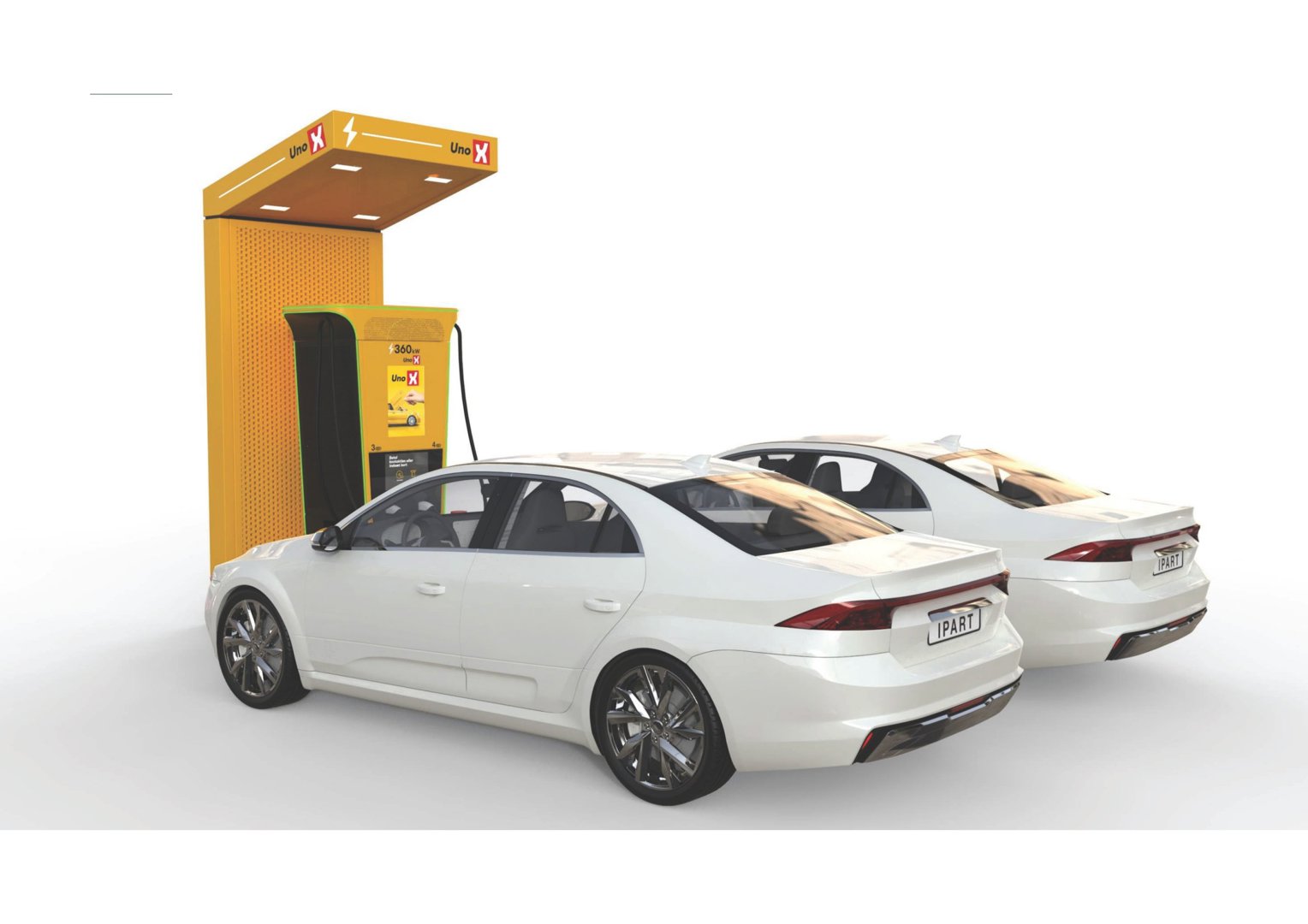 3D-visualisering av to hvite biler ved en lade-/brennstoffstasjon med 'Uno X'-merking.