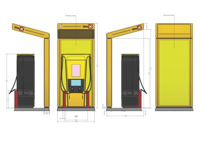 Detaljtegning av en LadeX-lader med oppgitt mål og dimensjoner for ulike deler.