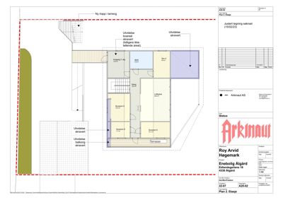 Etasjeplan (Plan 2. Etasje) som viser romfordeling, arealer og utvidelser for en bolig.