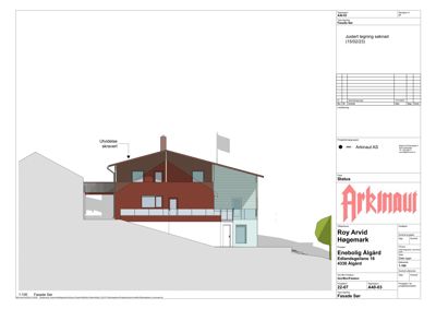 Fasadetegning som viser bygningens utside, inkludert farger, materialer og form.