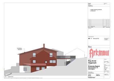 Fasadetegning som viser bygningens utseende sett fra nord, inkludert en skravert utvidelse.