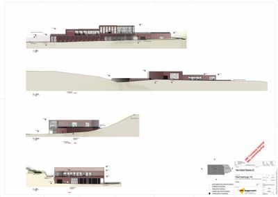 Snittegning som viser bygningens tverrsnitt, høyder og forhold til terreng.