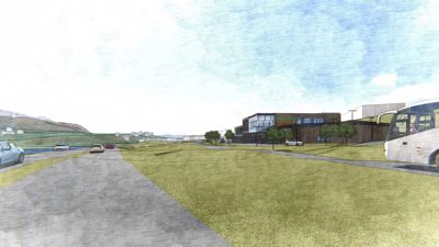 En illustrasjon (rendering) som viser et forslag til bygning sett fra utsiden, med omgivelsene inkludert.