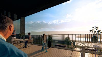 3D-visualisering av en terrasse med utsikt over vann og fjell, med personer som illustrerer skala og bruk.