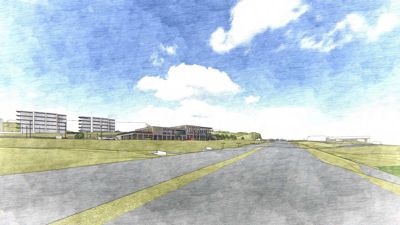 En illustrasjon (rendering) som viser en utsikt over et planlagt byggprosjekt med flere bygninger og veier.