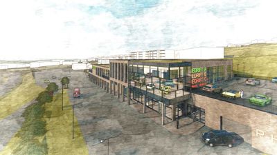 3D-visualisering av en planlagt bygning med omgivende parkeringsplass og landskap.